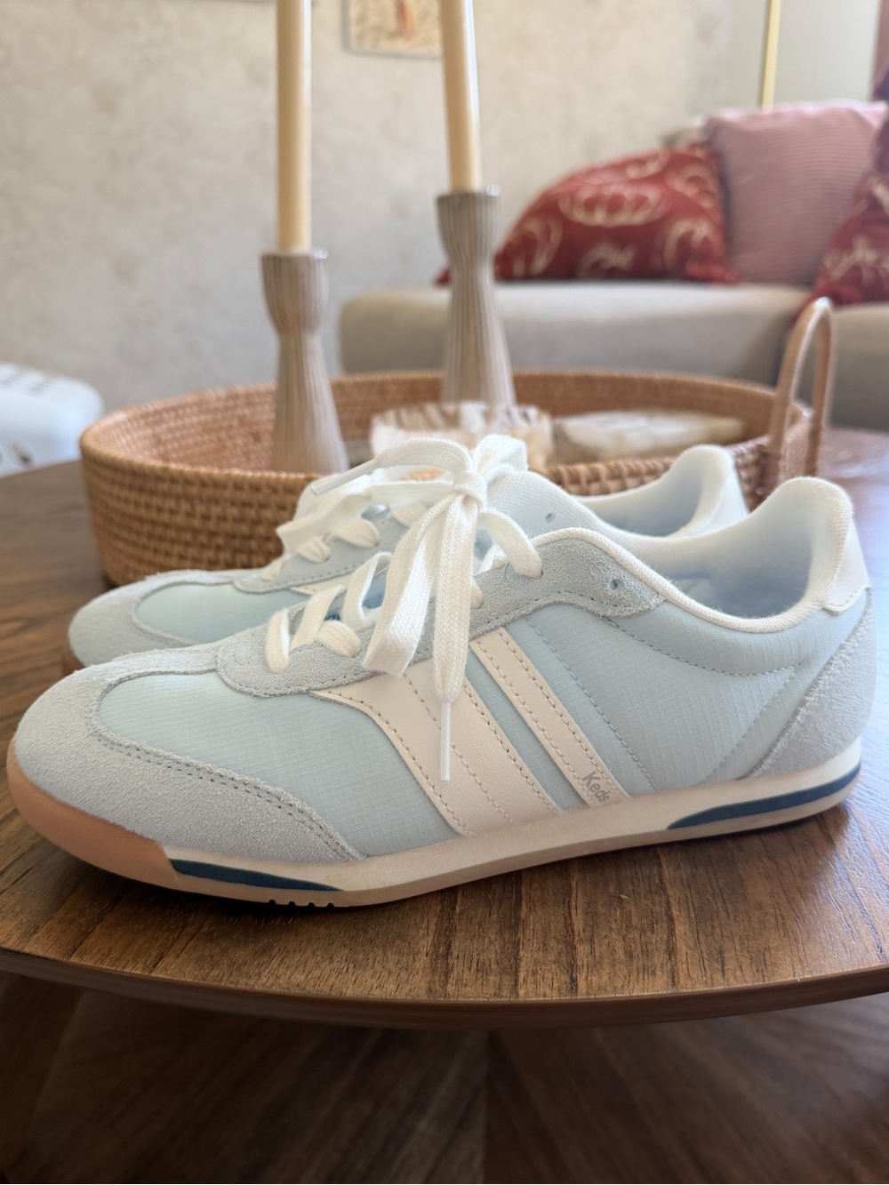 Baby Blue Leather and White Women's Retro Trainer Sneakers Sz 8